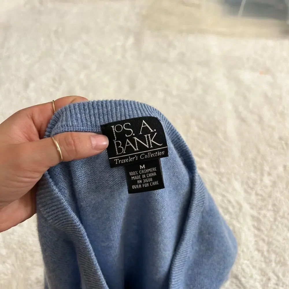 JOS A BANK Blue Cashmere Knit V-Neck Pullover L Preppy Office WorkWear Old Money